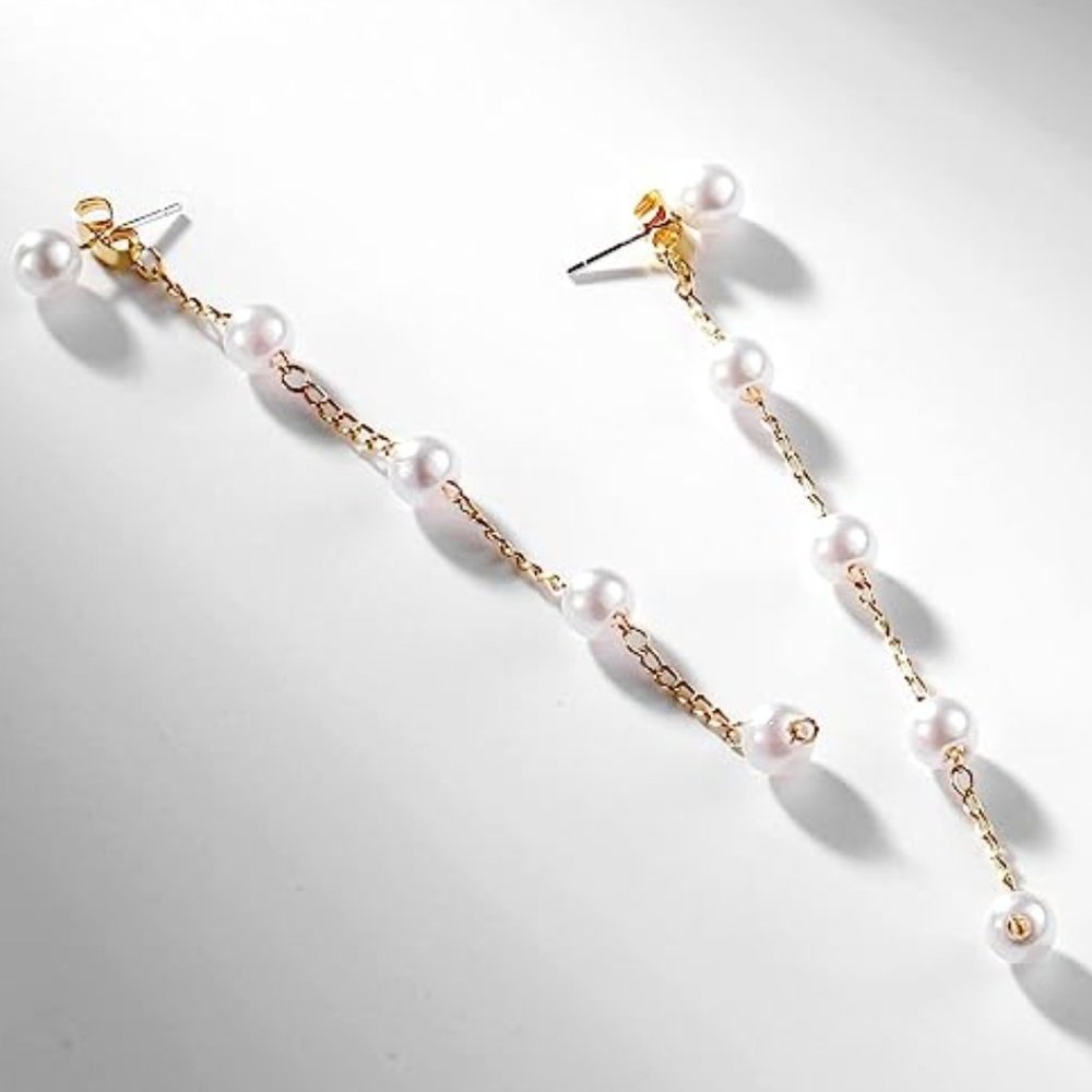 4" Long Pearl Gold Chain Earrings Bridal Bride Chains Faux Pearls Wedding New